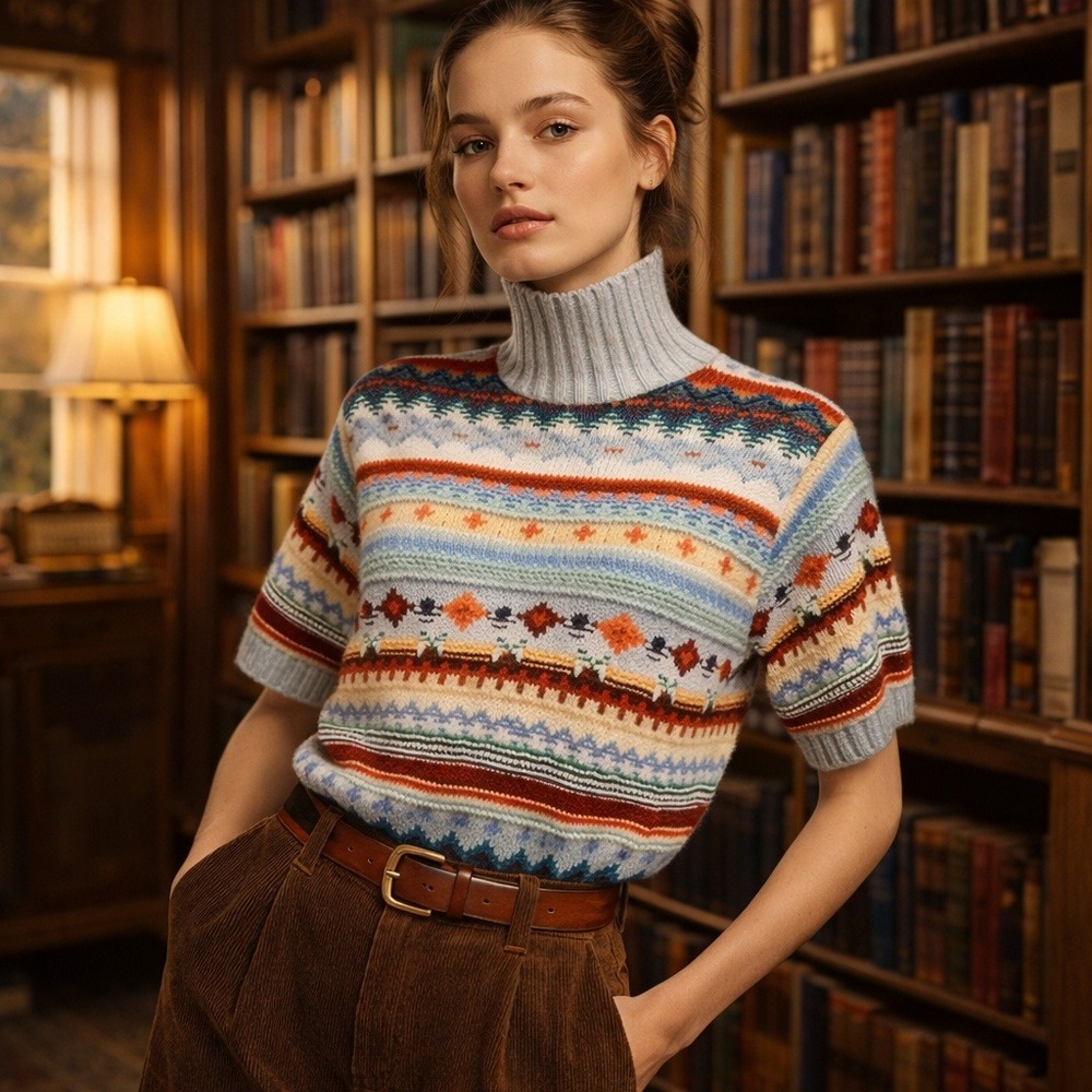 Vintage 80s Harold's Fair Isle Sweater Short Sleeve Turtleneck Cotton S/M 19 P2P